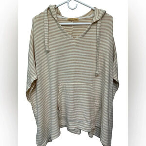 Mesh +Lace cream and tan stripe sleeveless hoodie poncho
